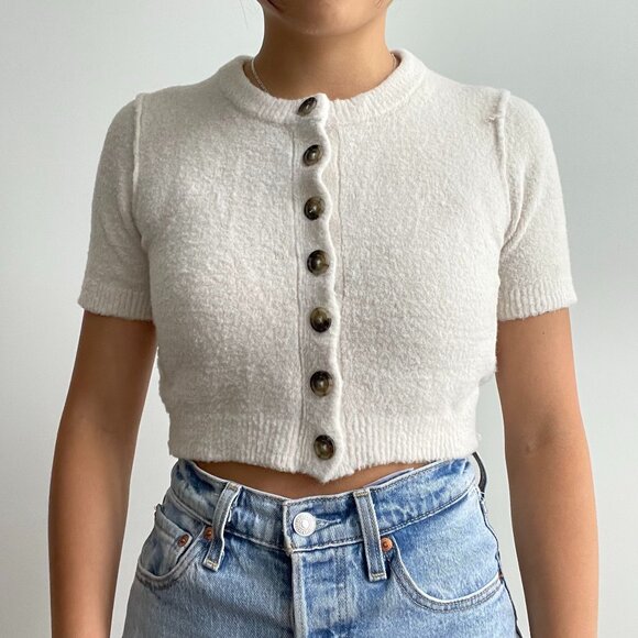 ARITZIA WILFRED FREE CROPPED SHRUNKEN BUTTON UP CARDIGAN XS - Picture 1 of 3